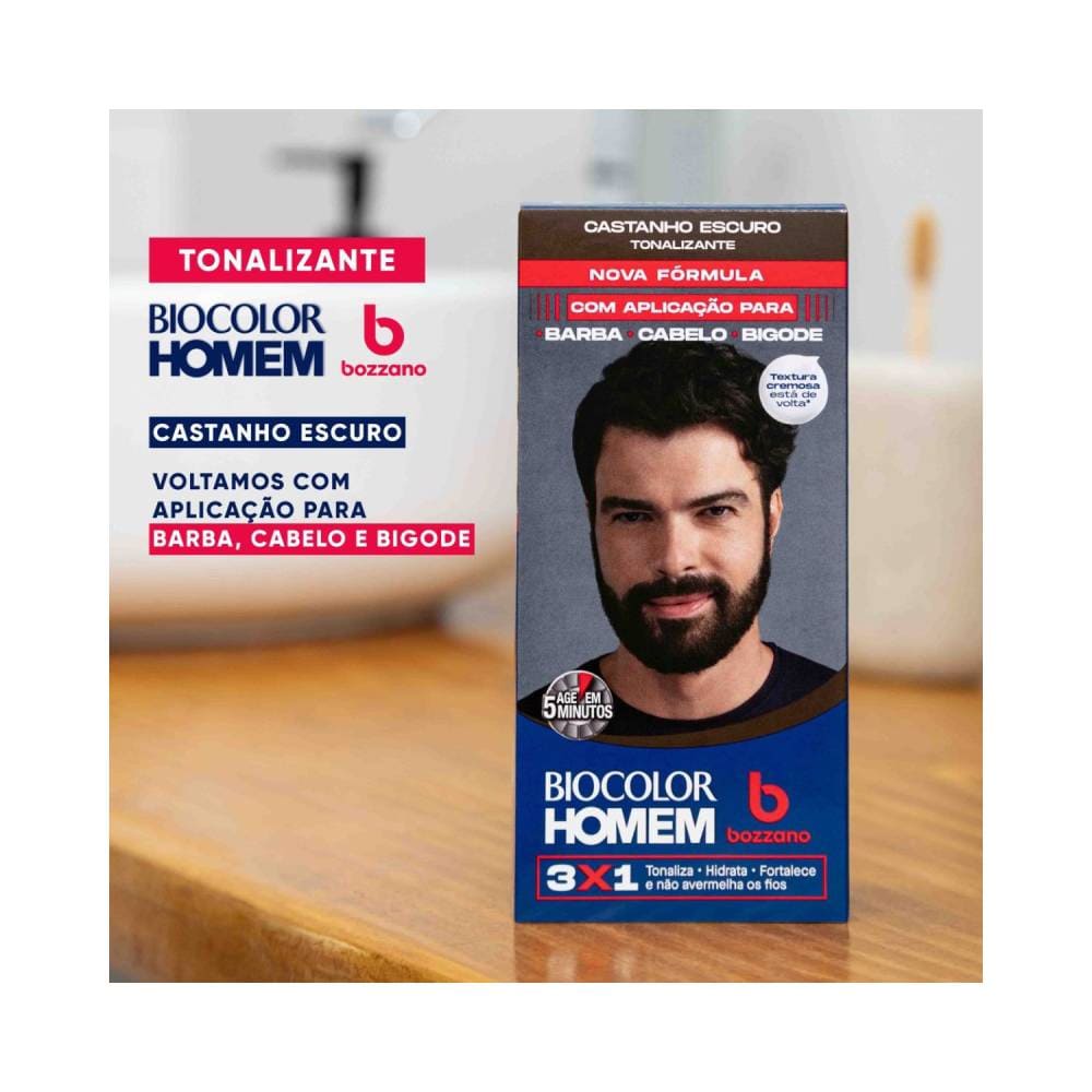 Tonalizante Biocolor Homem Bozzano em ambiente, destacando embalagem e instruções