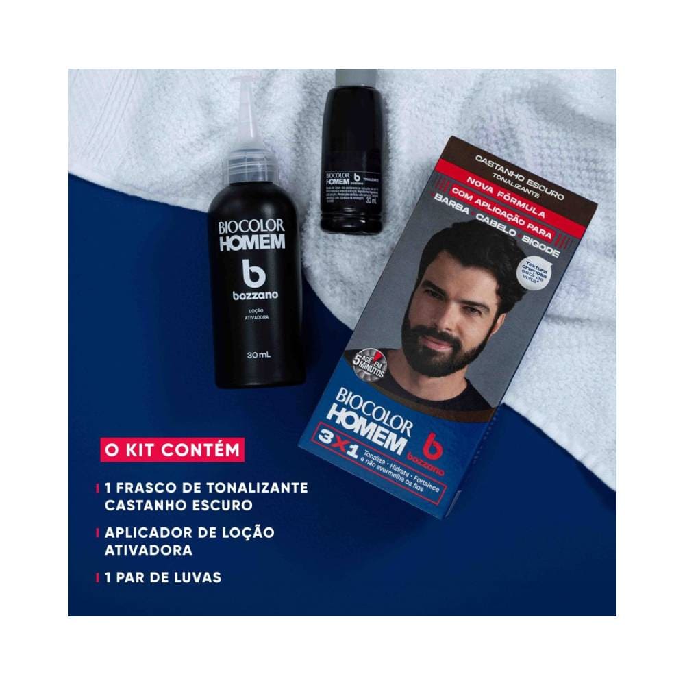 Kit do tonalizante Biocolor Homem Bozzano com frasco, ativador e luvas sobre fundo azul