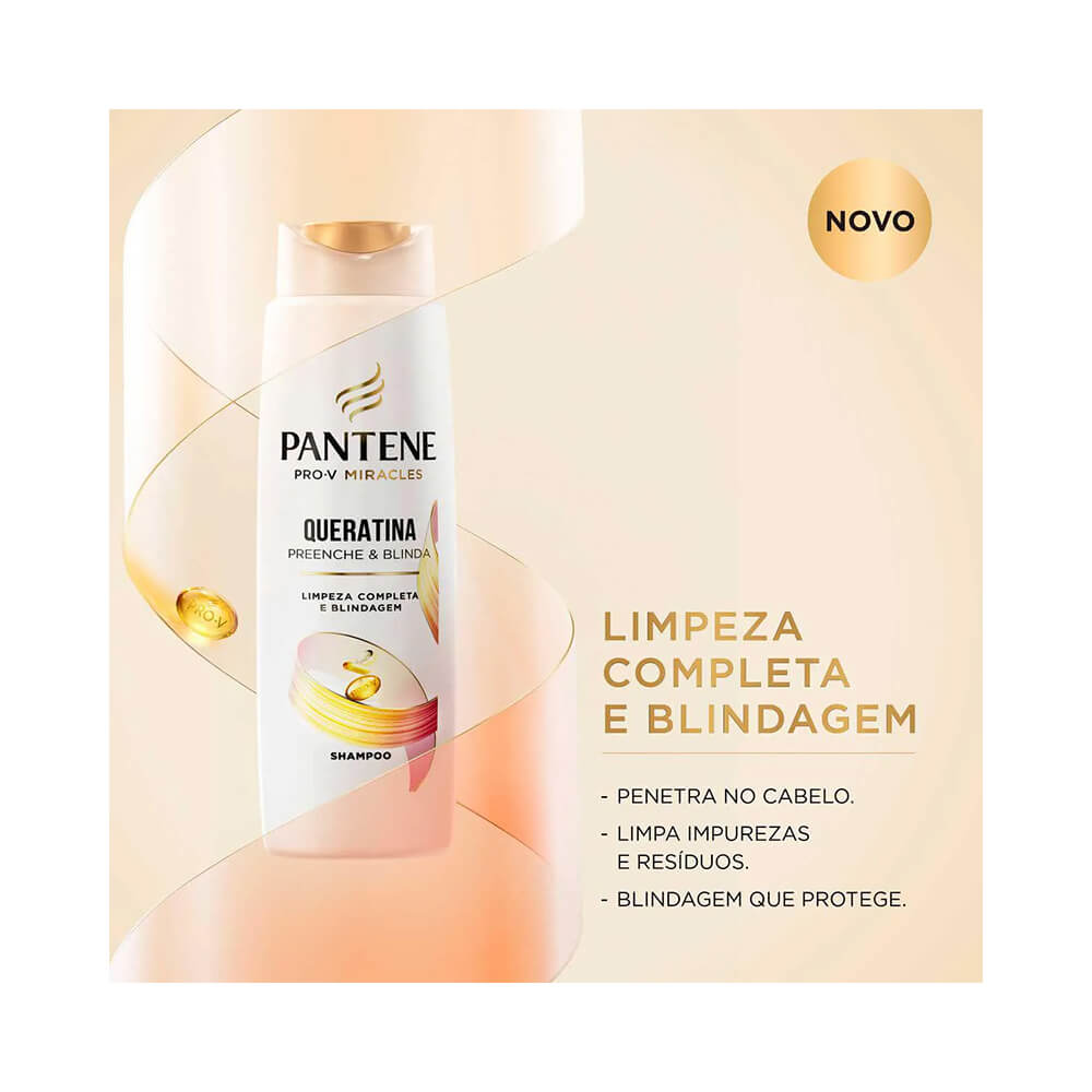 Shampoo Pantene Pro-V Miracles Queratina - embalagem branca com detalhes dourados