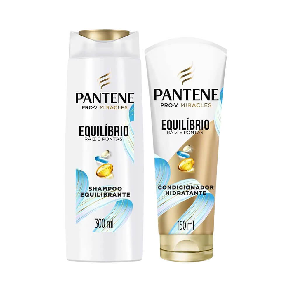 Shampoo e condicionador Pantene Equilíbrio destacados em embalagem branca e dourada