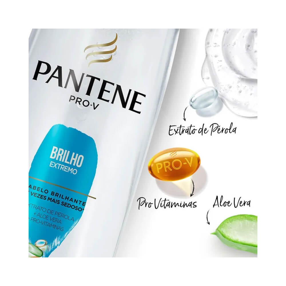 Close nos ingredientes e textura do shampoo Pantene Pro-V Brilho Extremo