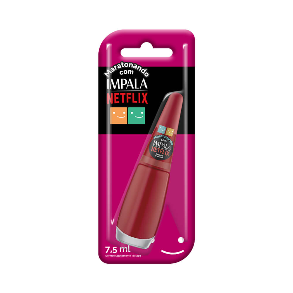 Embalagem blister rosa com esmalte vermelho cremoso da linha Maratonando com Impala Netflix cor Netinha.