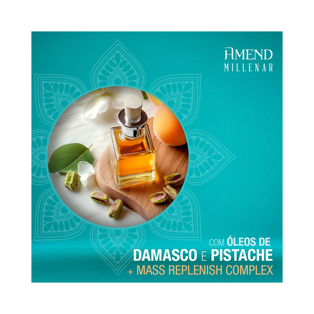 Ingredientes: óleo de damasco e pistache ao lado do frasco do shampoo Amend