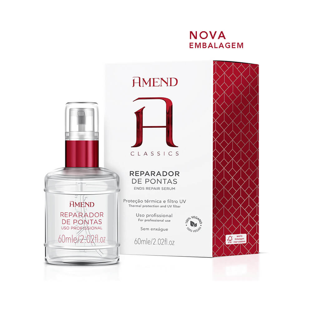 Frasco do Reparador de Pontas Amend Classics 60ml ao lado da embalagem