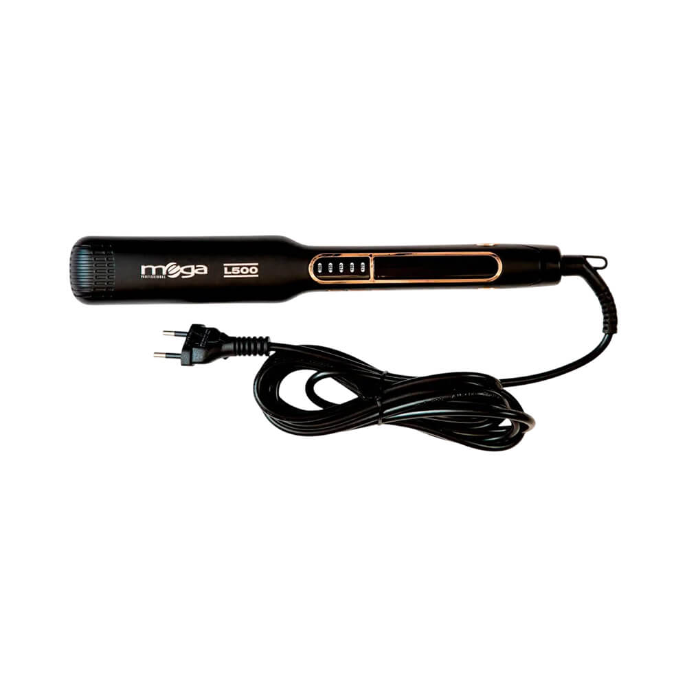Prancha Mega L500 preta com placas largas de titanium e visor digital