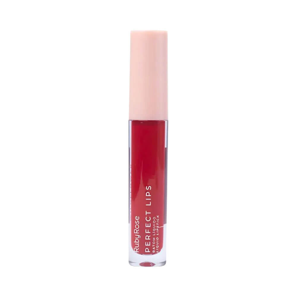 Batom Líquido Ruby Rose Perfect Lips Wildflower - embalagem translúcida e tampa rosa