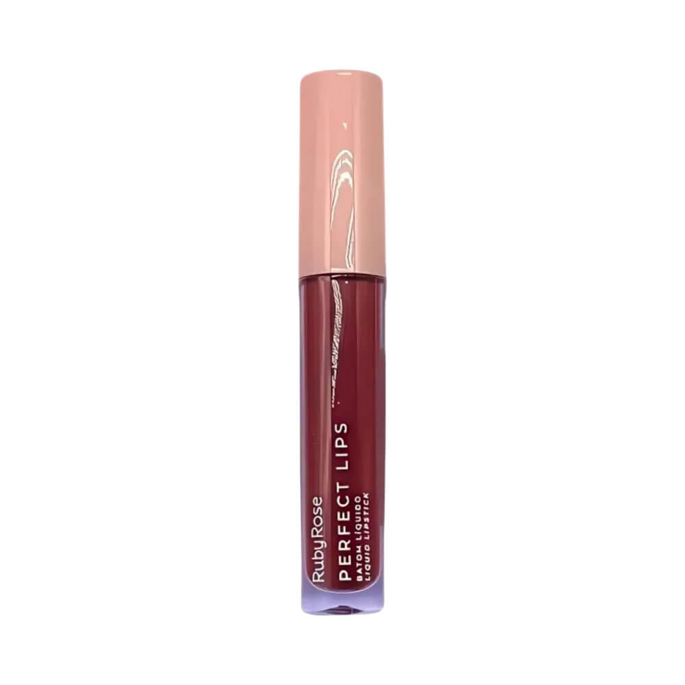 Batom Líquido Ruby Rose Perfect Lips Fearless - embalagem translúcida e tampa rosa