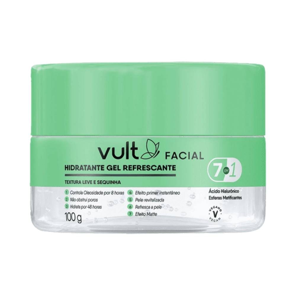 Frasco de Gel Facial Vult Refrescante 100g em fundo branco