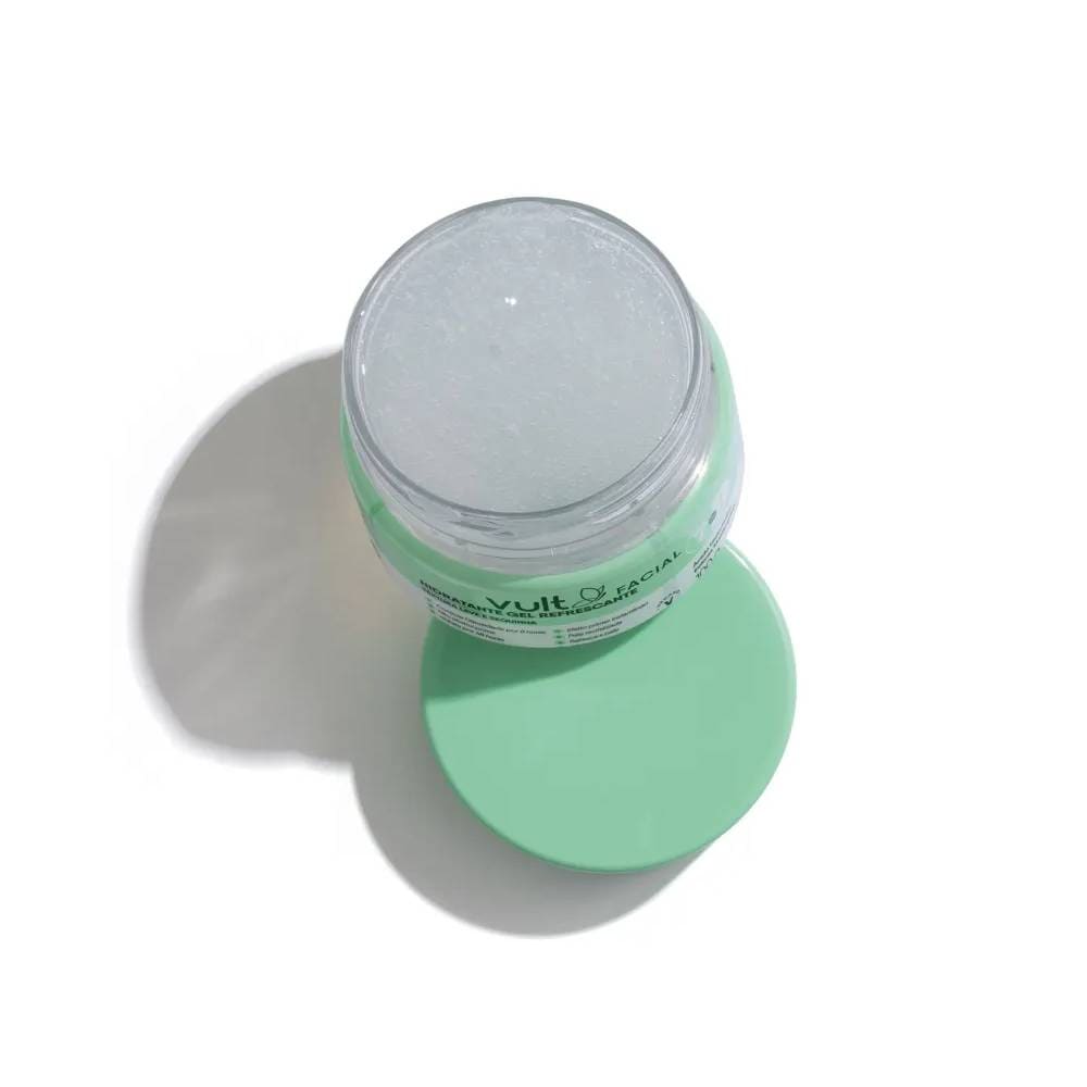 Frasco aberto do Gel Facial Vult mostrando o gel transparente