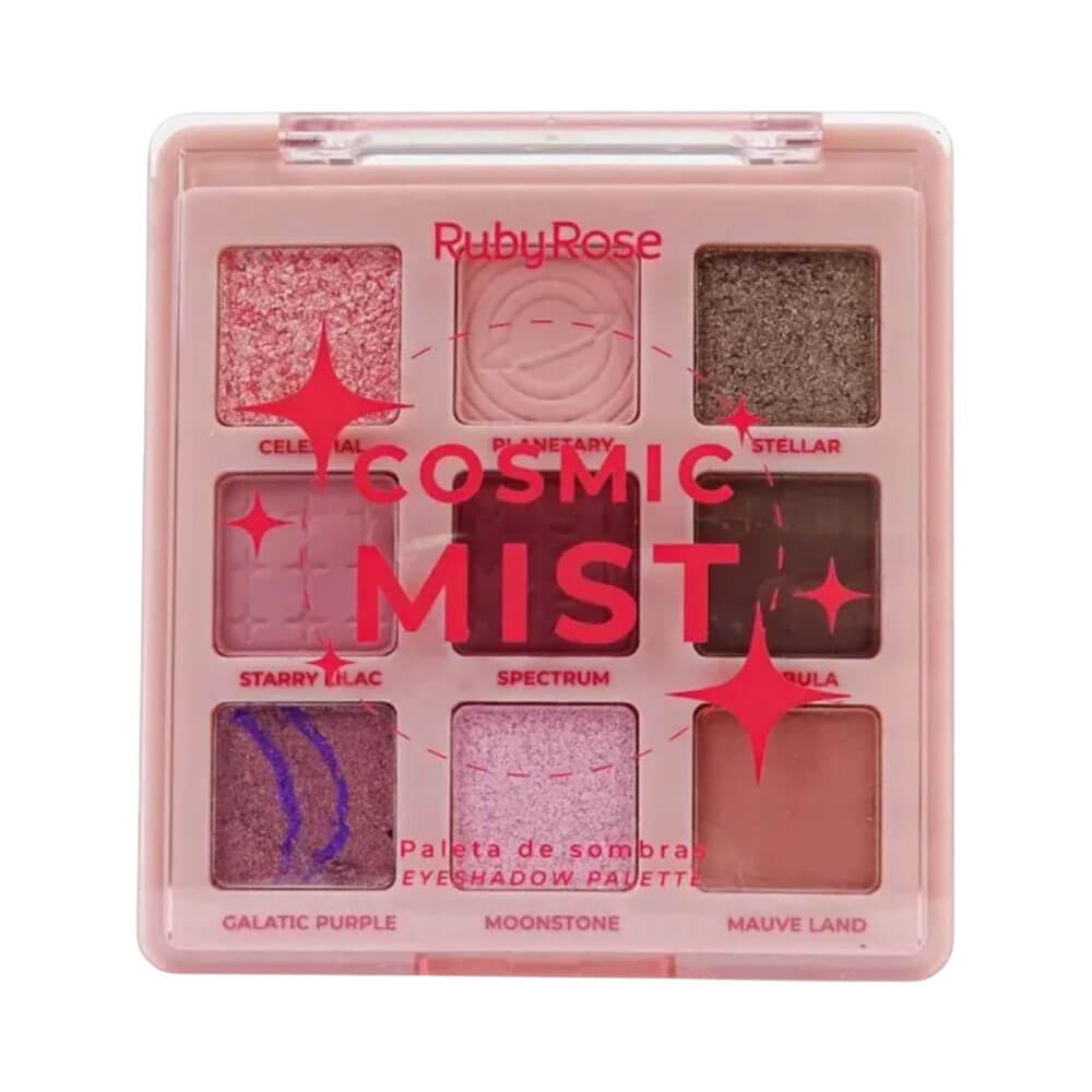 Paleta Ruby Rose Cosmic Mist fechada mostrando embalagem compacta rosa claro