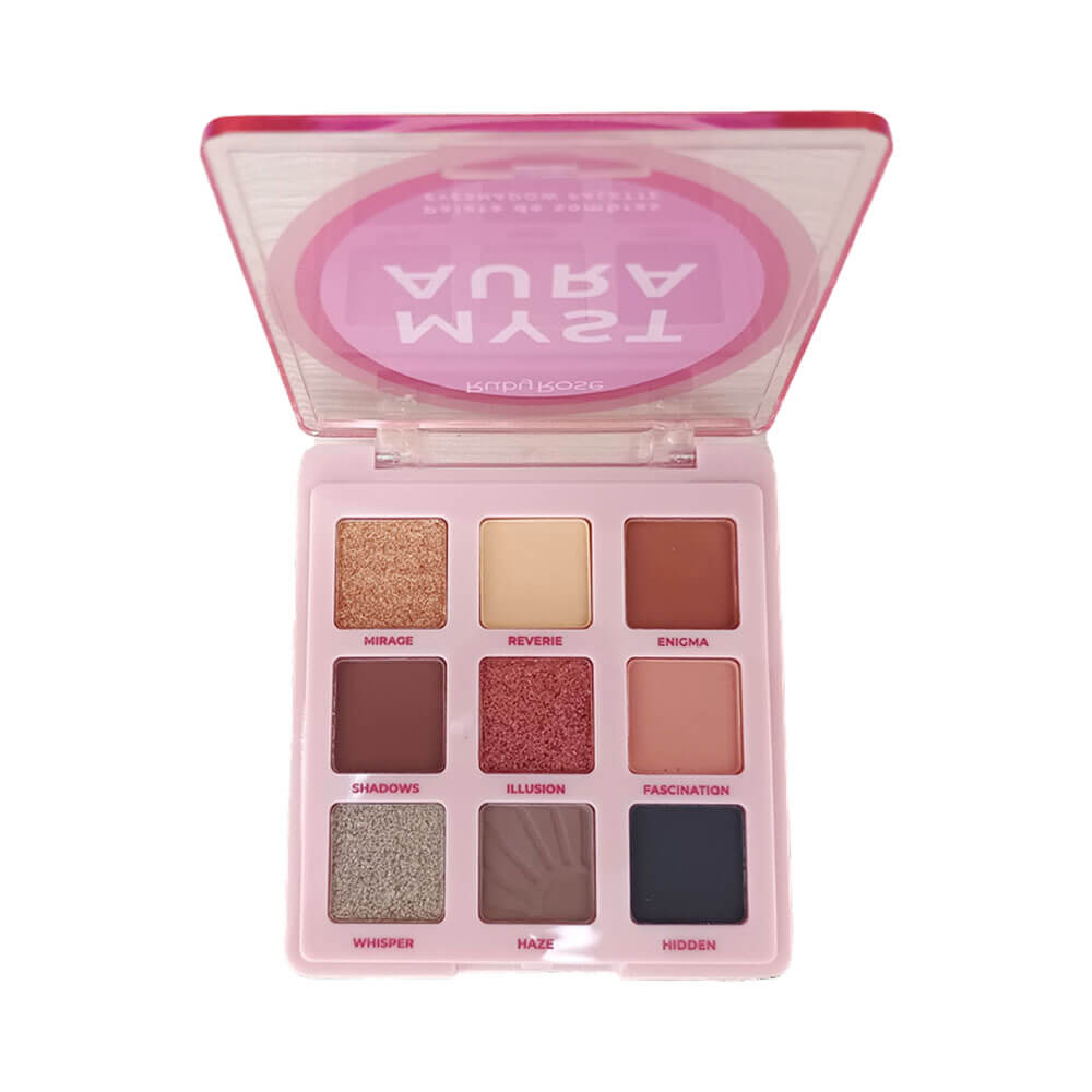 Paleta Ruby Rose Myst Aura aberta exibindo 9 sombras em embalagem rosa clara
