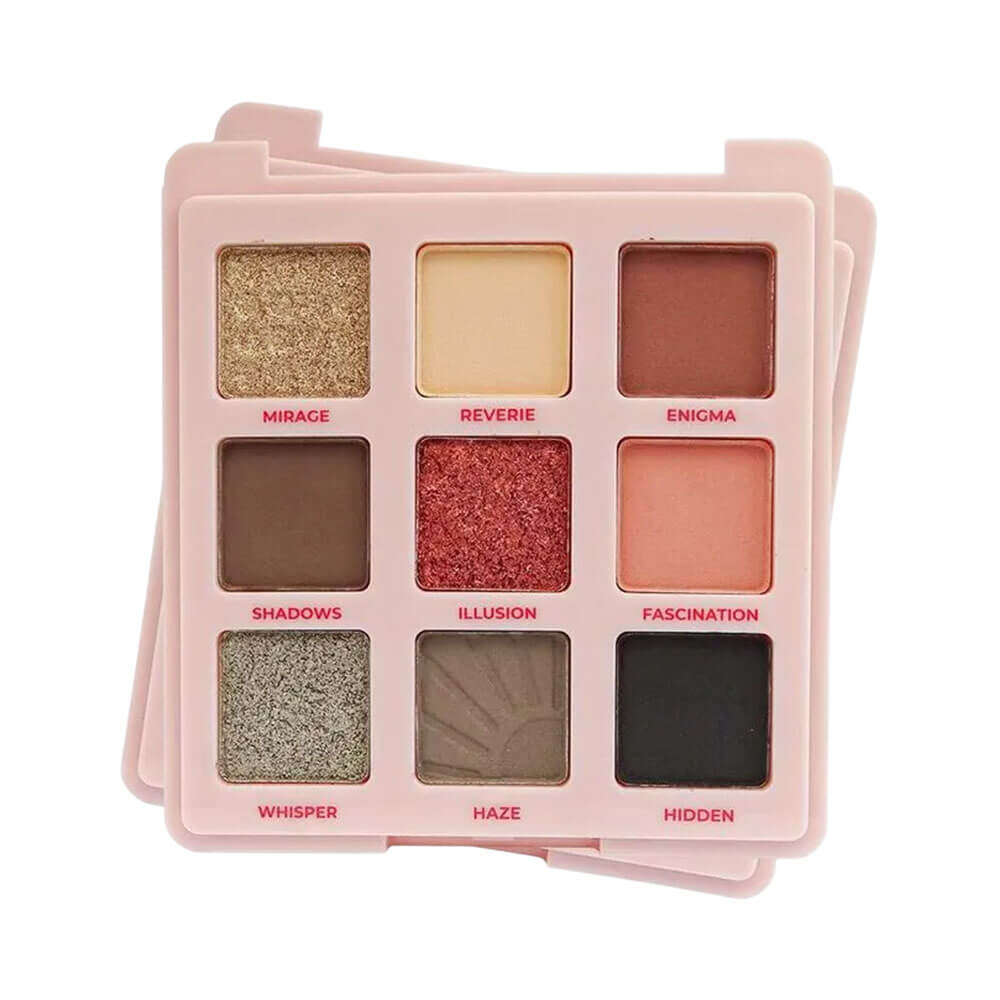 Detalhe das 9 sombras da paleta Ruby Rose Myst Aura mostrando tons metálicos e matte