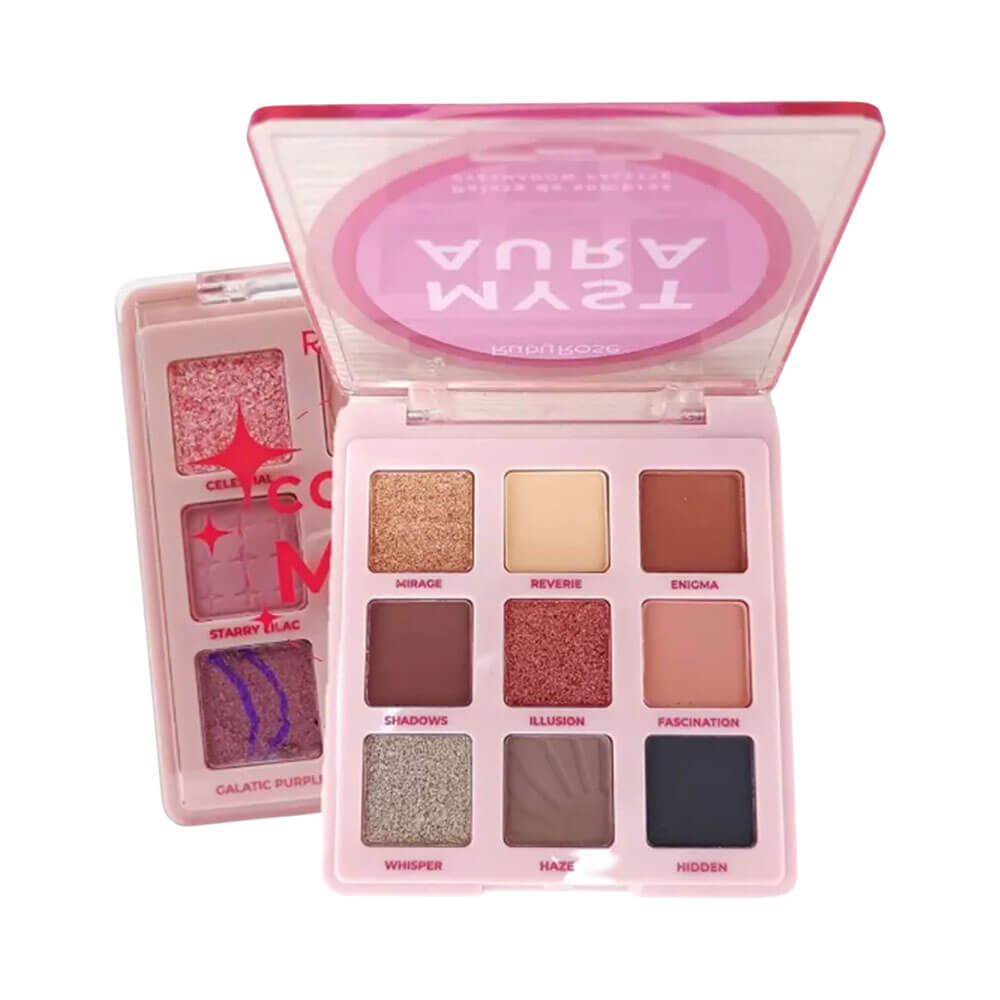 Paleta Ruby Rose Sombras Myst Aura mostrando as nove cores e embalagem rosa
