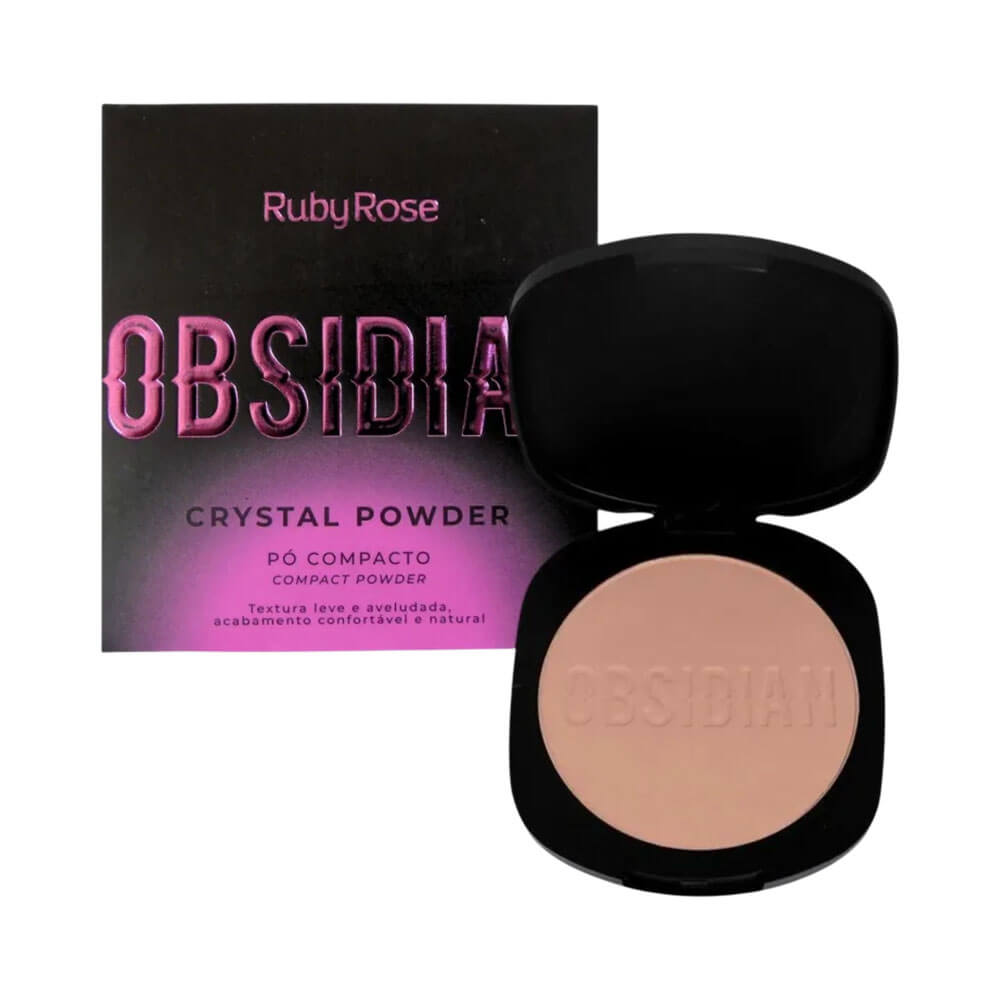 Pó Compacto Ruby Rose Obsidian Pc05 com caixa ao fundo mostrando embalagem e produto aberto