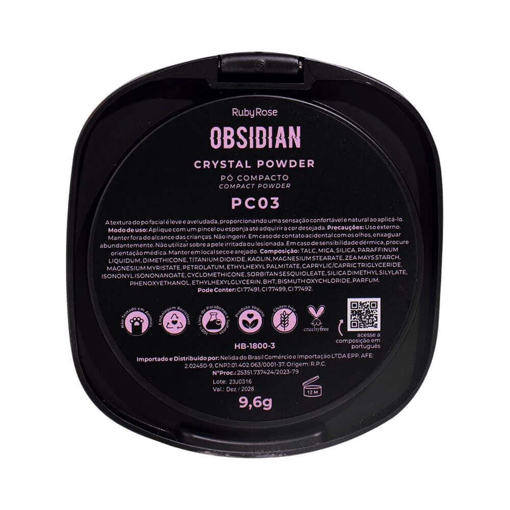 Parte traseira da embalagem do pó compacto Ruby Rose com ícones de produto vegano e livre de parabenos