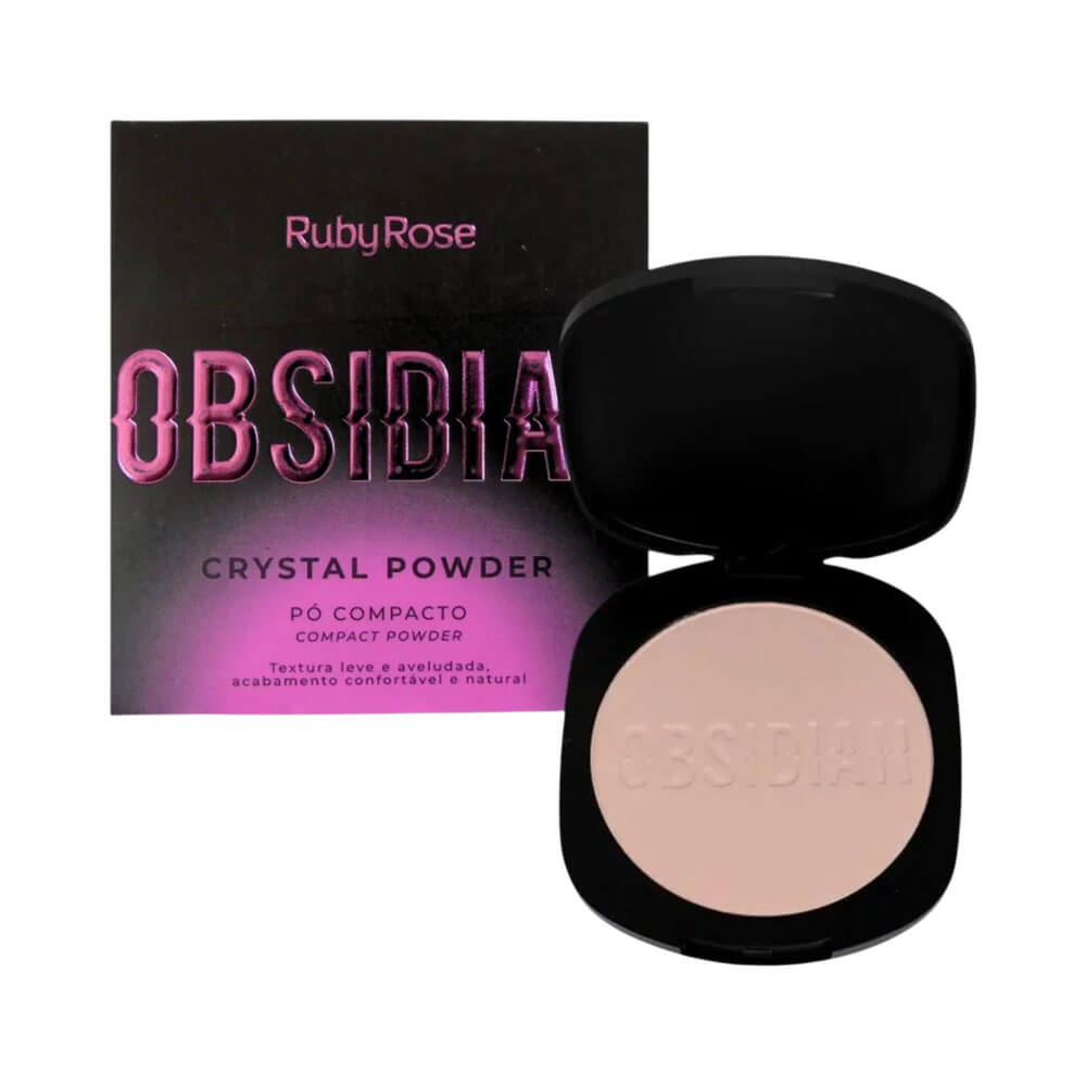 Embalagem e caixa do pó compacto Ruby Rose Obsidian com destaque para acabamento e tonalidade