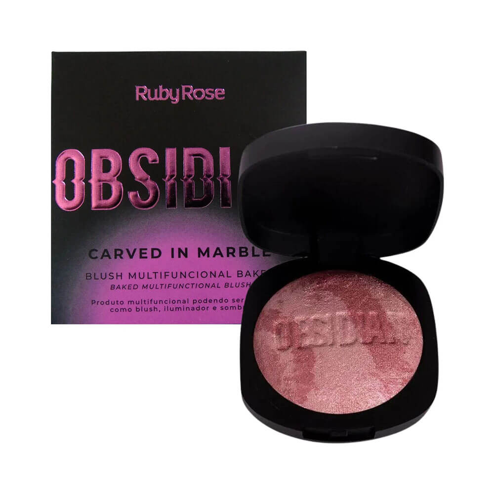 Blush Ruby Rose com estojo e embalagem mostrando o design e a textura