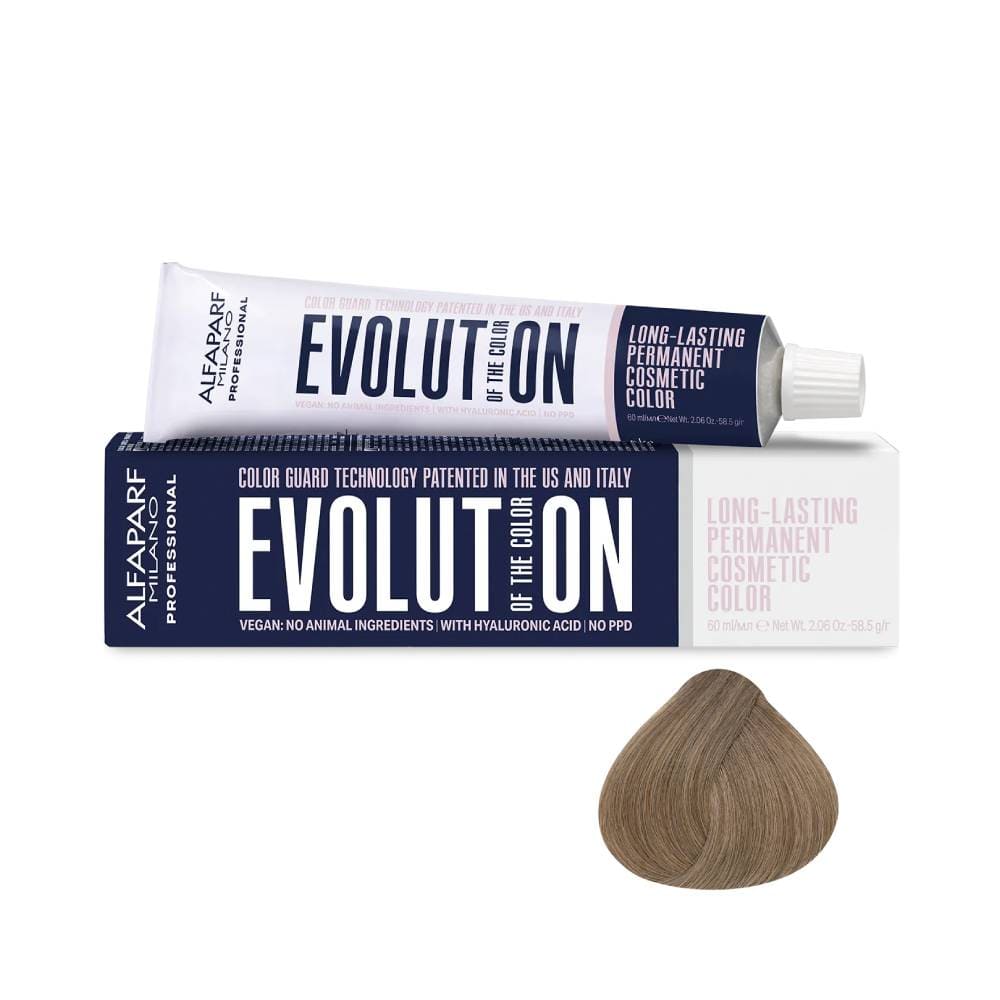 Coloração Alfaparf Evolution of the Color 8 Louro Claro - embalagem e amostra de cor