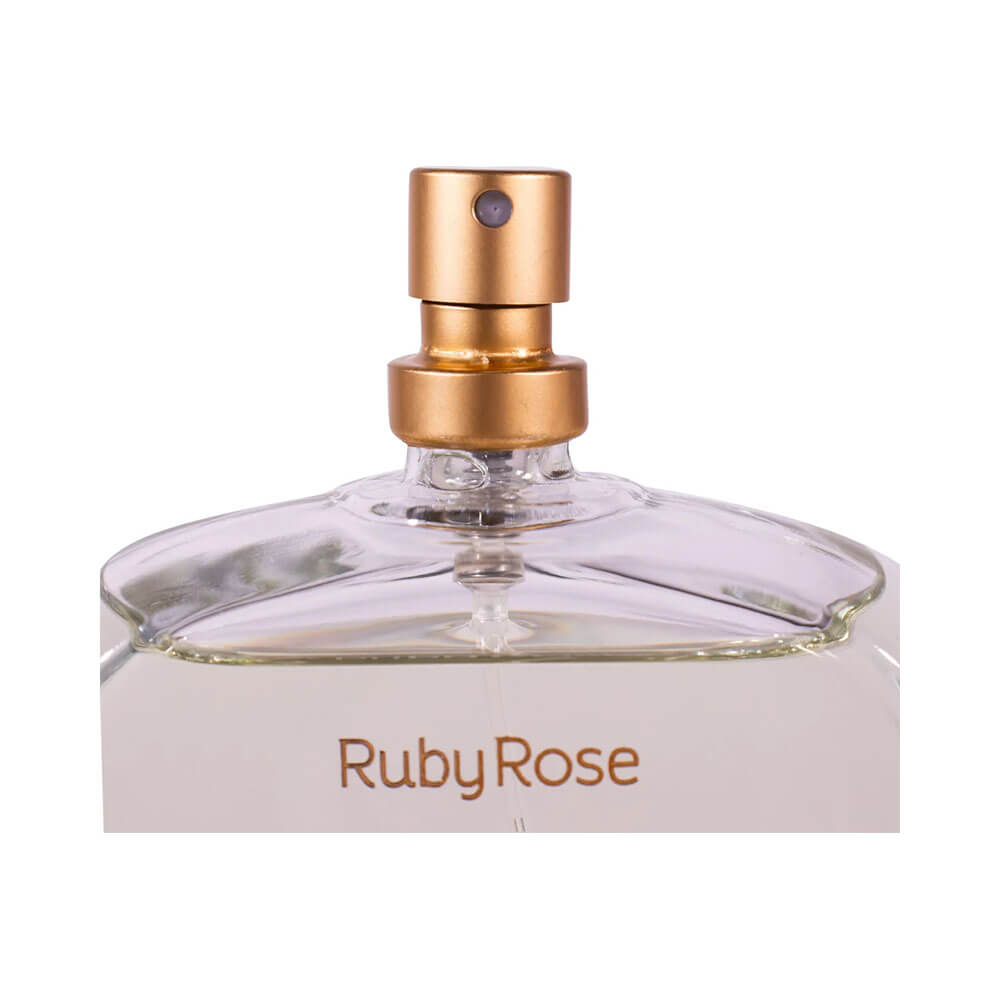 Close do spray dourado do Perfume Ruby Rose Glass 100ml