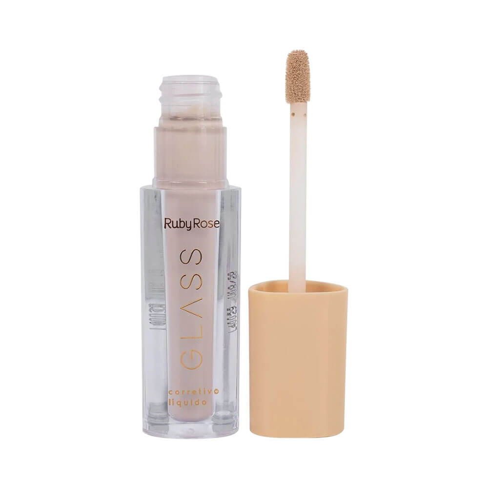 Corretivo Líquido Ruby Rose Glass GCF10 embalagem transparente com aplicador de esponja e produto nude claro