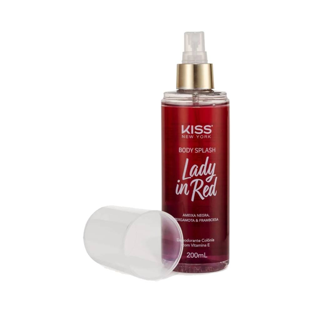 Frasco do body splash Lady in Red com borrifador e detalhe da embalagem