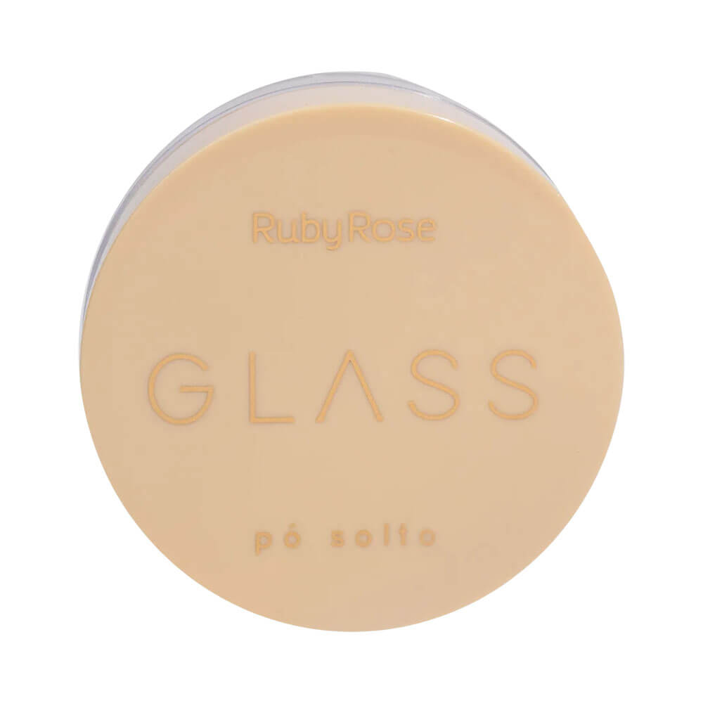 Vista superior do pote de pó solto Ruby Rose Glass Banana HB865 mostrando a tampa e o produto