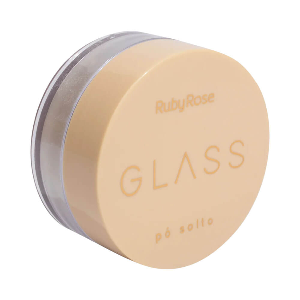 Pote de pó solto Ruby Rose Glass Banana HB865 em fundo branco mostrando embalagem transparente