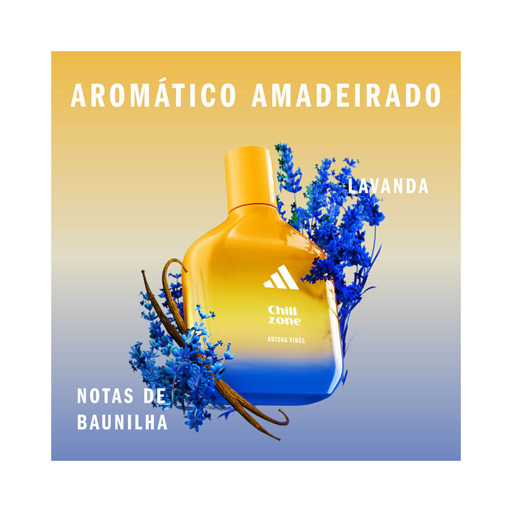 Frasco Adidas Vibes Chill Zone rodeado por flores e baunilha