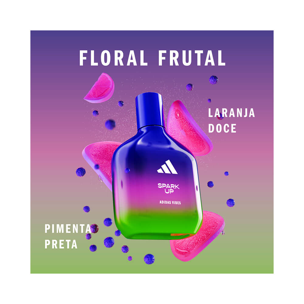Frasco Adidas Vibes Spark Up com destaque para notas laranja doce e pimenta preta
