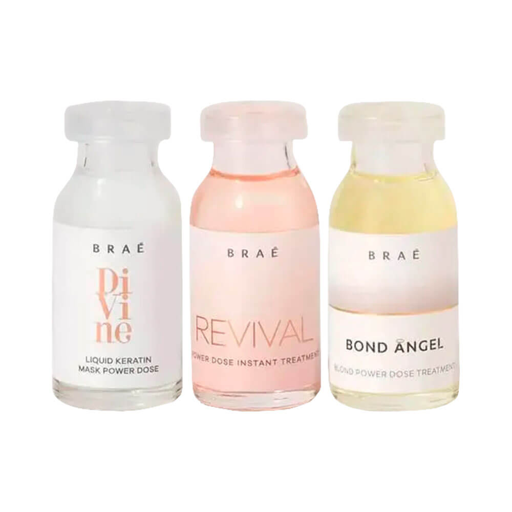 Kit Ampolas Braé Cronograma Capilar Repair com três ampolas alinhadas