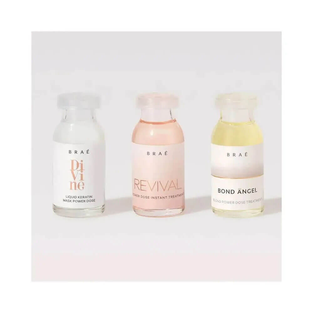 Detalhe das ampolas Divine, Revival e Bond Angel do kit Braé