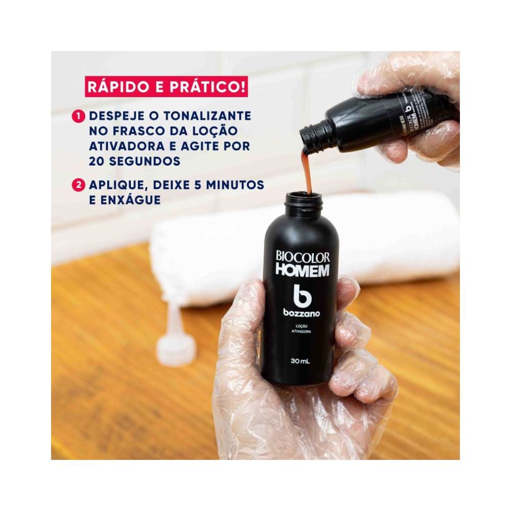 Aplicação prática do tonalizante Biocolor Homem com frasco e loção ativadora