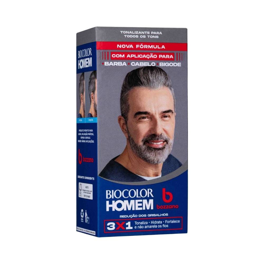 Caixa do Tonalizante Masculino Biocolor Homem Bozzano com destaque para redução dos grisalhos