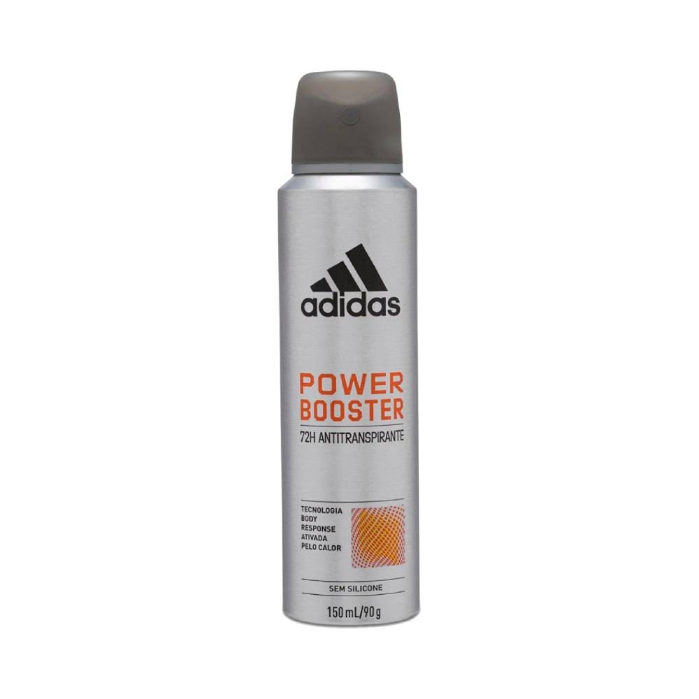 Frontal do desodorante Adidas Power Booster 72h 150ml prata com detalhes laranja