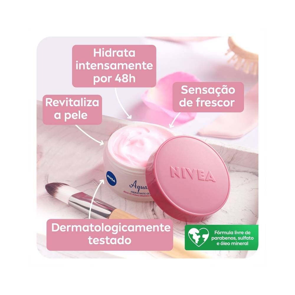 Pote aberto do Creme Nivea Aqua Rose mostrando textura rosa clara