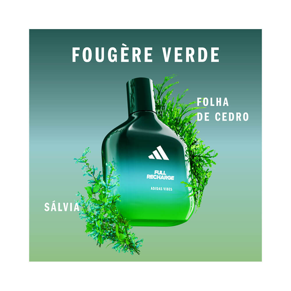 Frasco Adidas Vibes cercado por folhas verdes destacando notas naturais