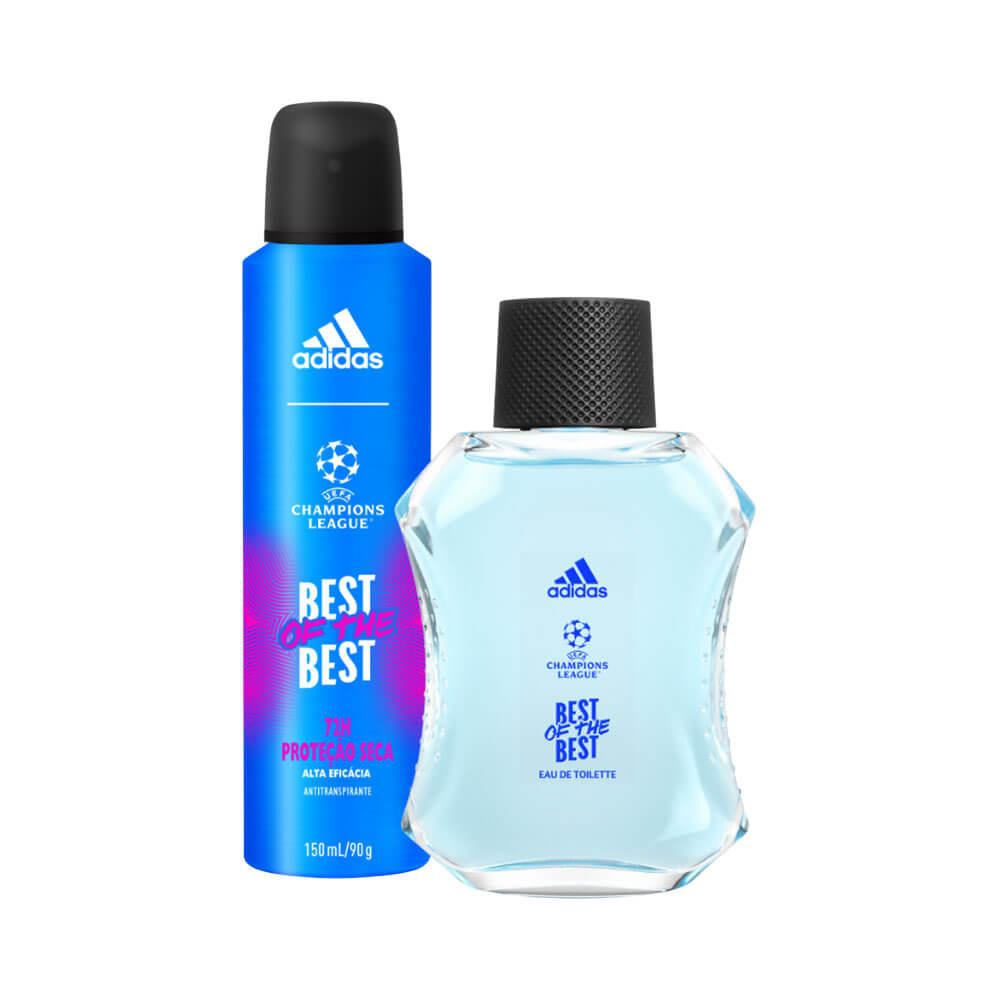 Kit Adidas Colônia Eau de Toilette 100ml e Desodorante 150ml UEFA Best Of The Best - frasco transparente com líquido azul e desodorante azul