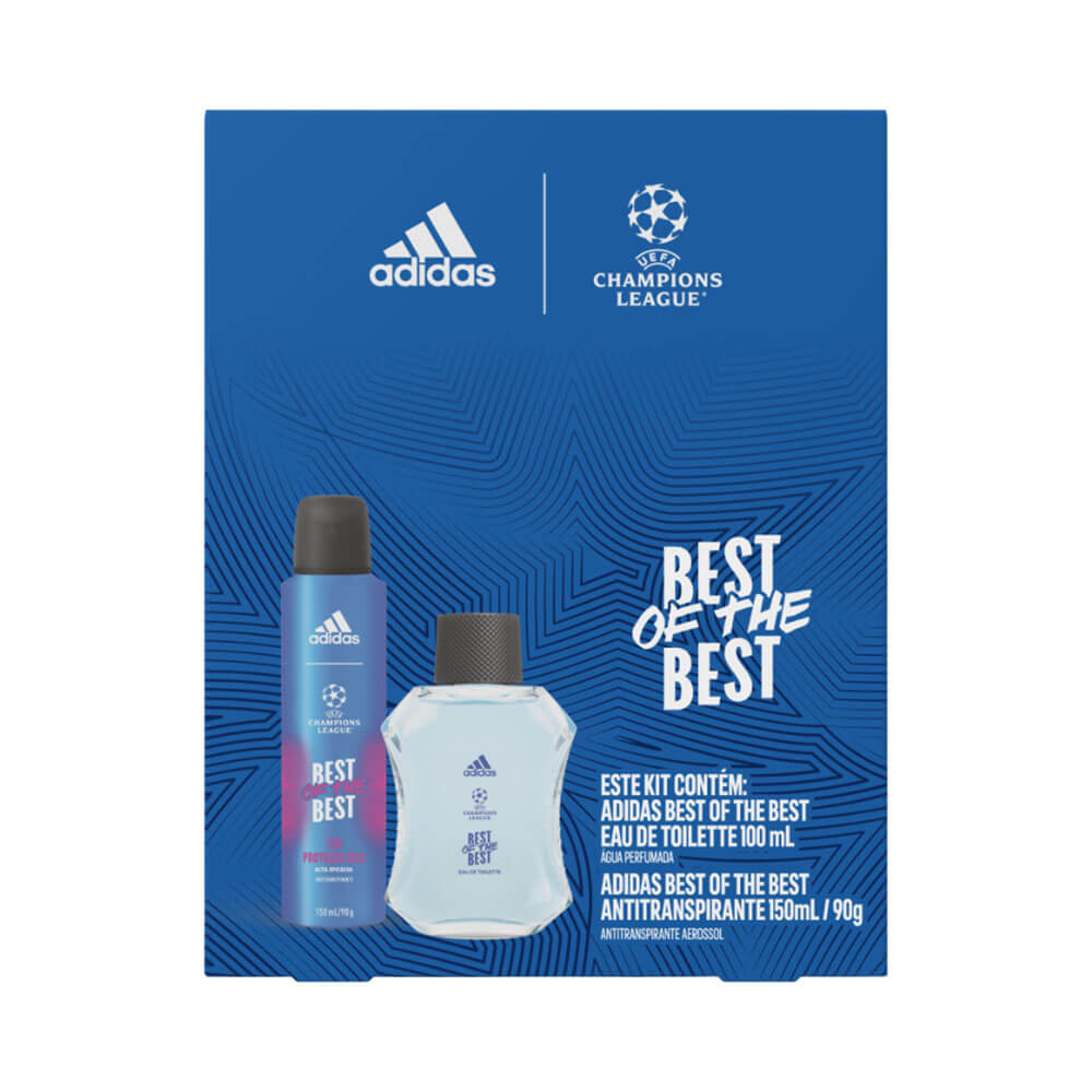 Embalagem do Kit Adidas UEFA Best Of The Best mostrando caixa azul com produtos