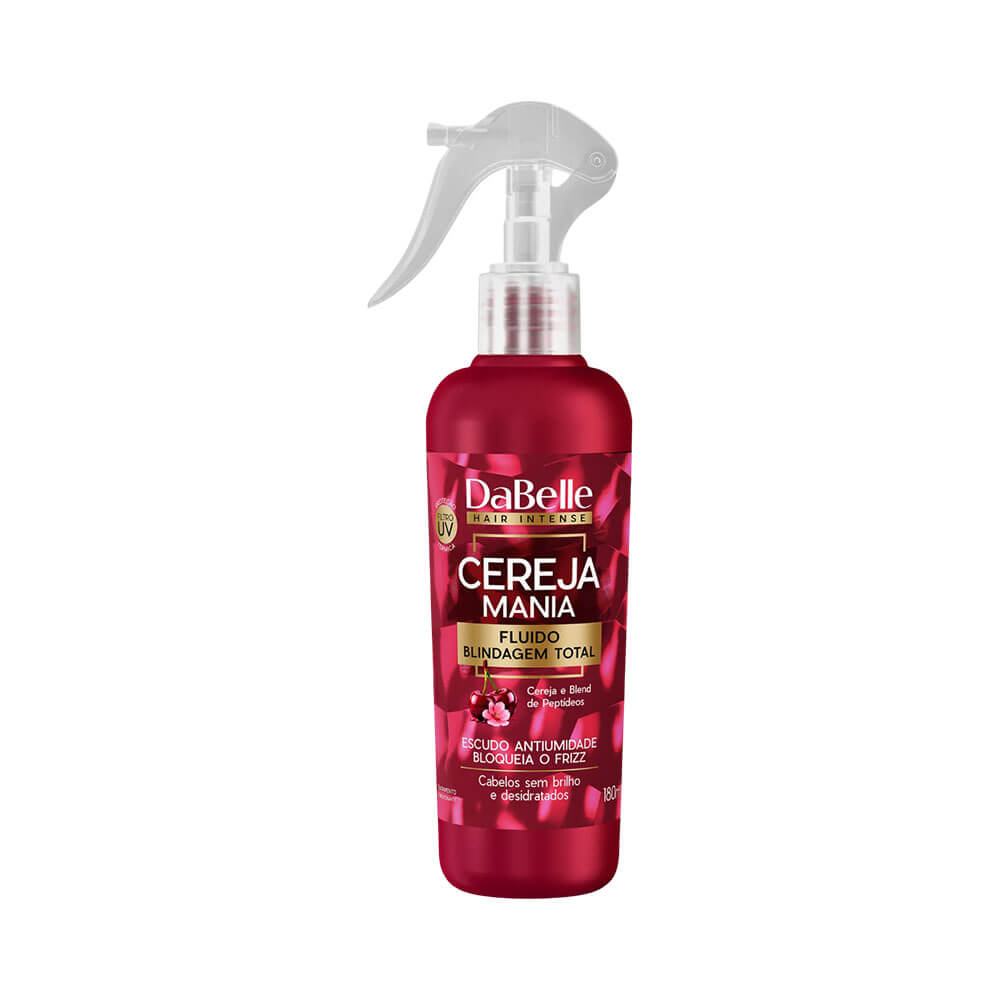 Fluido Dabelle Blindagem Total Cereja Mania 180ml com embalagem spray vermelha e detalhes dourados