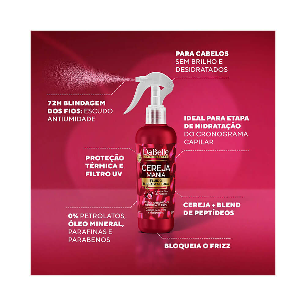 Fluido Dabelle Blindagem Total Cereja Mania 180ml com destaque para benefícios e fórmula vegana