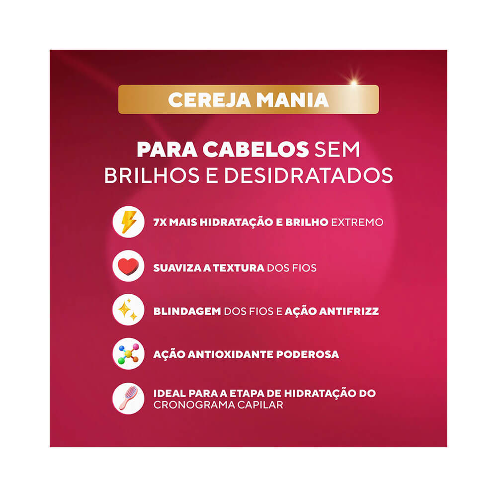 Benefícios destacados do Creme para Pentear Dabelle Cereja Mania 270g em fundo vermelho