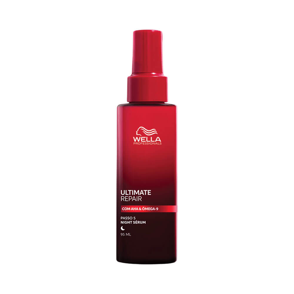 Frasco vermelho do Leave-in Wella Ultimate Repair Night Serum 95ml com detalhes em branco e vermelho
