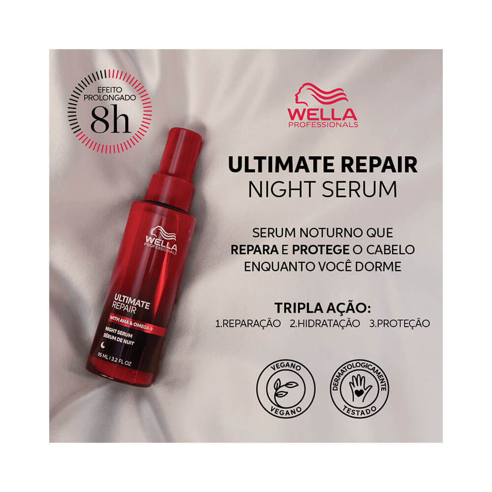 Imagem promocional do sérum Wella Ultimate Repair Night Serum destacando efeito prolongado