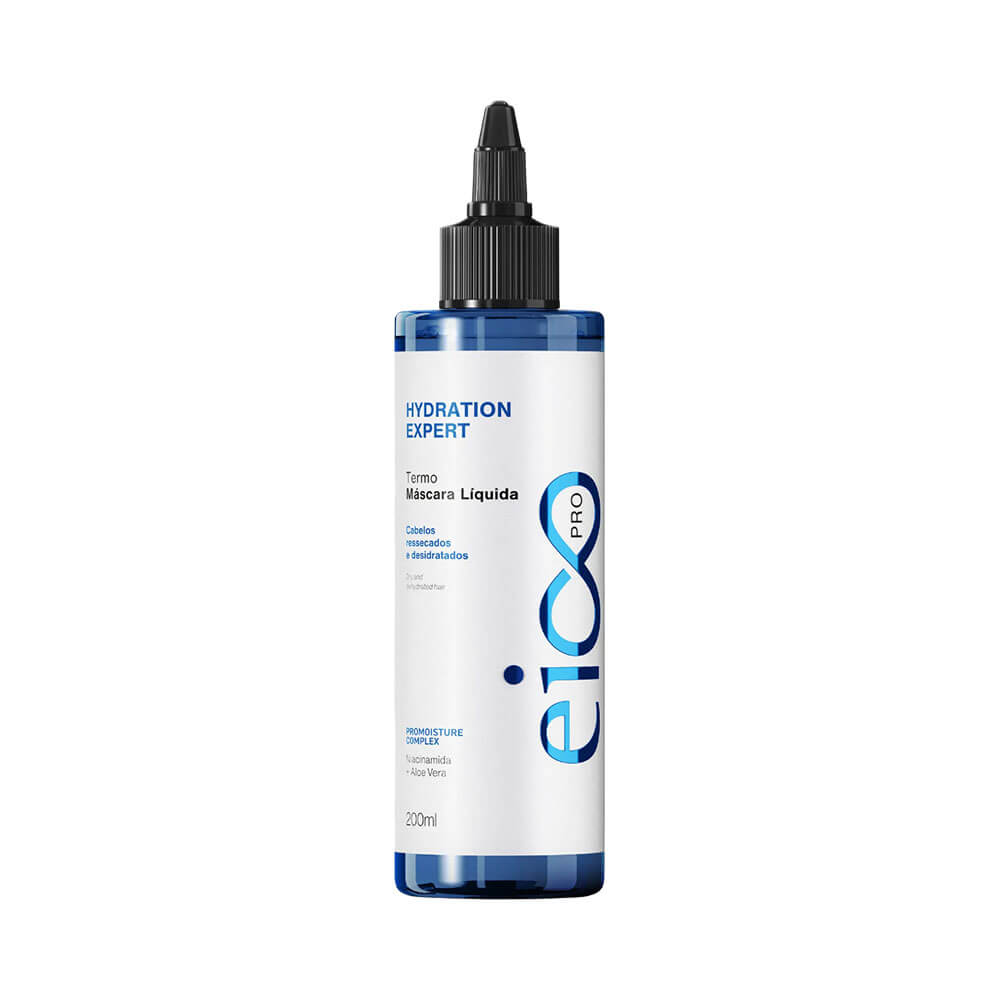 Termo Máscara Líquida Eico Hydration Expert 200ml em frasco azul translúcido com tampa preta aplicadora