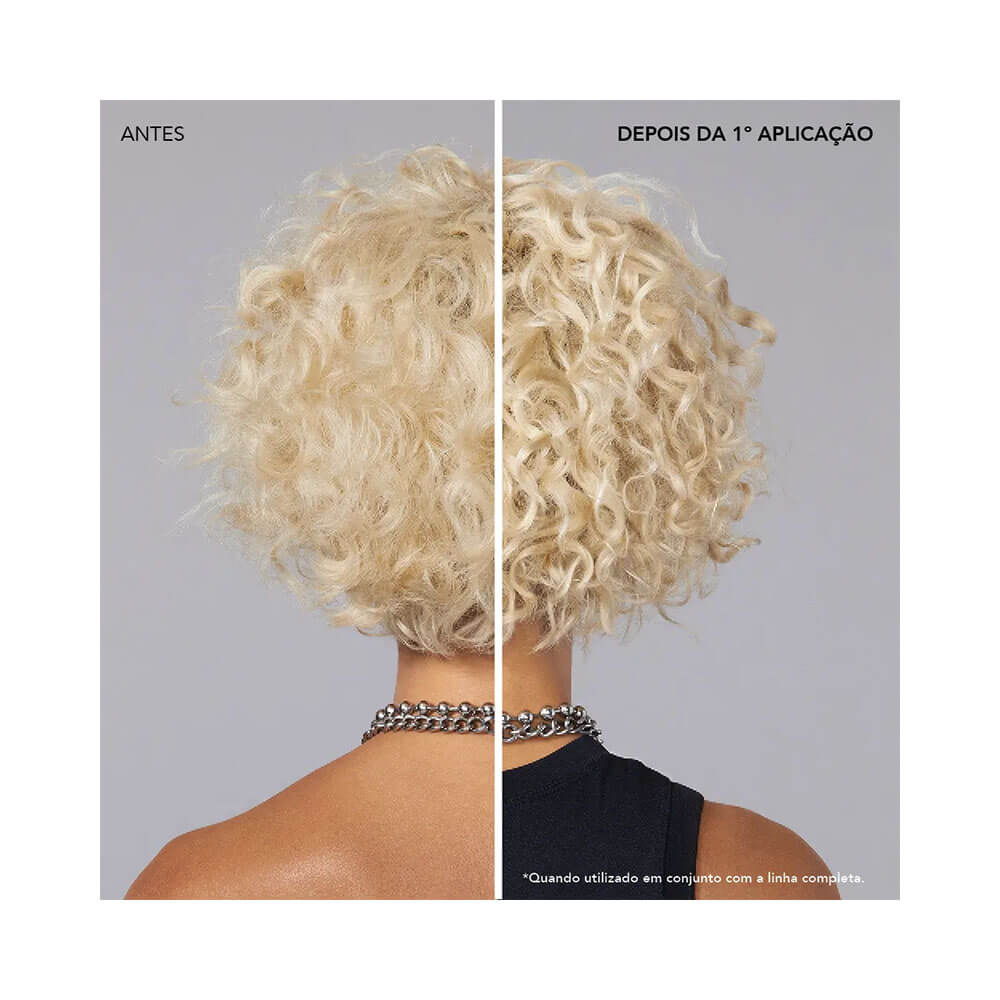 Comparação antes e depois do uso do Shampoo Sebastian No Breaker mostrando cabelos mais alinhados e brilhantes