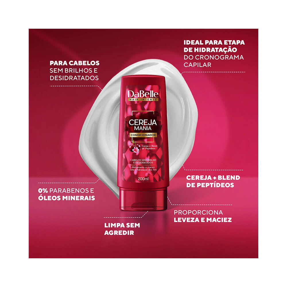 Condicionador Dabelle Cereja Mania 200ml com fundo vermelho e textura branca