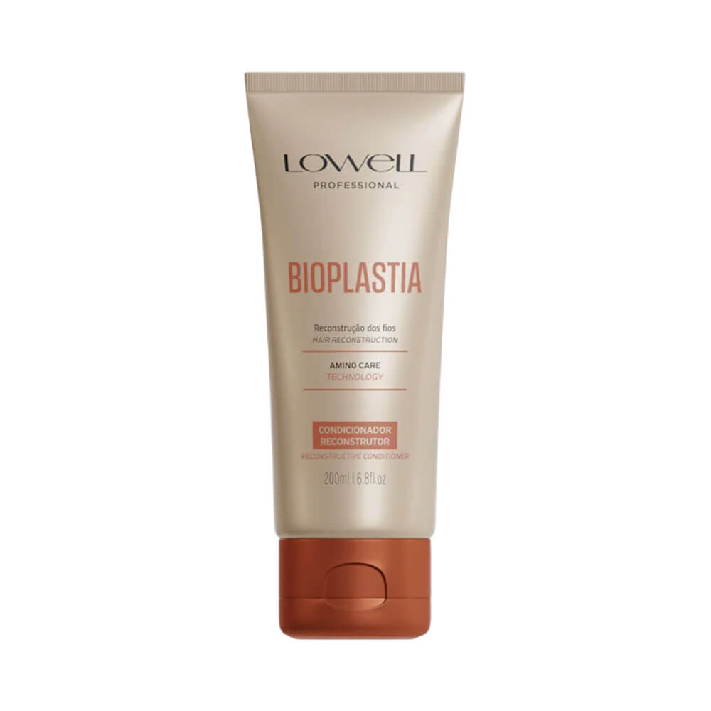 Condicionador Lowell Bioplastia Reconstrução 200ml - embalagem frontal bege com tampa ferrugem