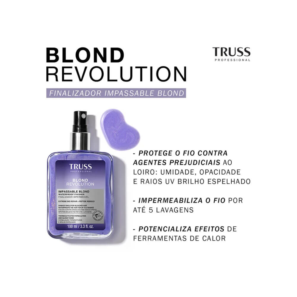 Frasco do Finalizador Truss Blond Revolution 100ml ao lado de gotas do produto roxo