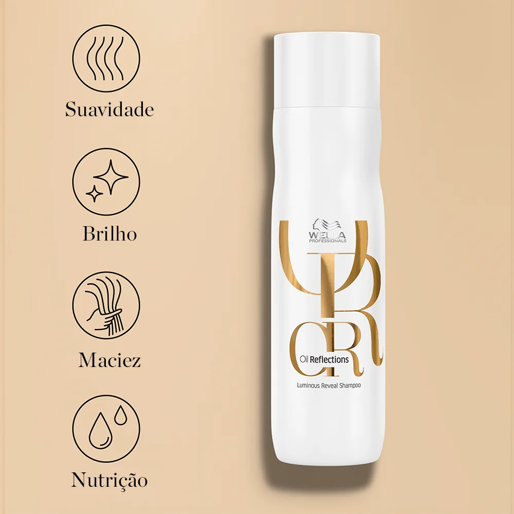 Frasco do Shampoo Wella Oil Reflections 250ml com ícones de brilho, maciez e nutrição