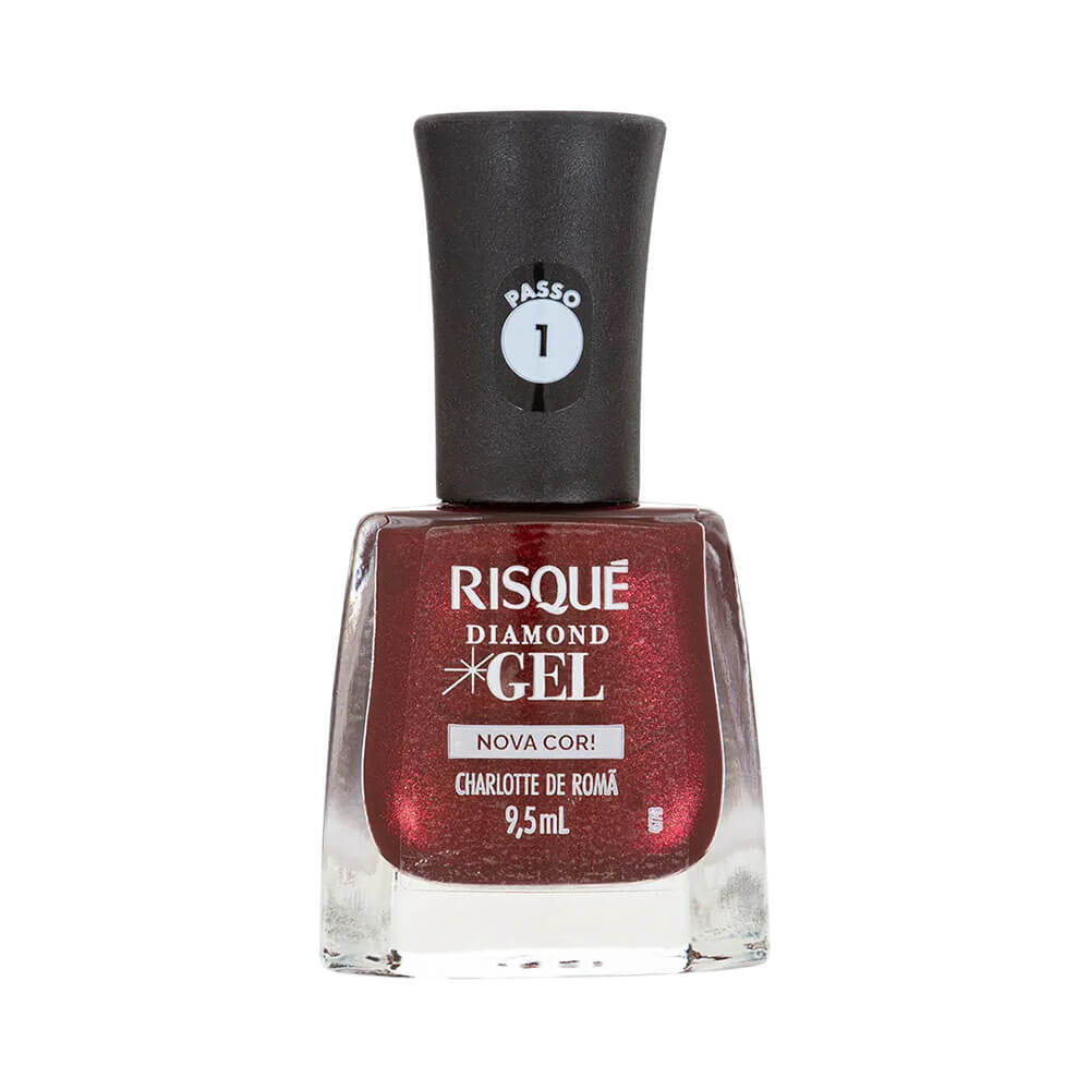 Frasco de esmalte Risqué Diamond Gel Charlotte de Romã em fundo branco, vermelho metálico com brilho